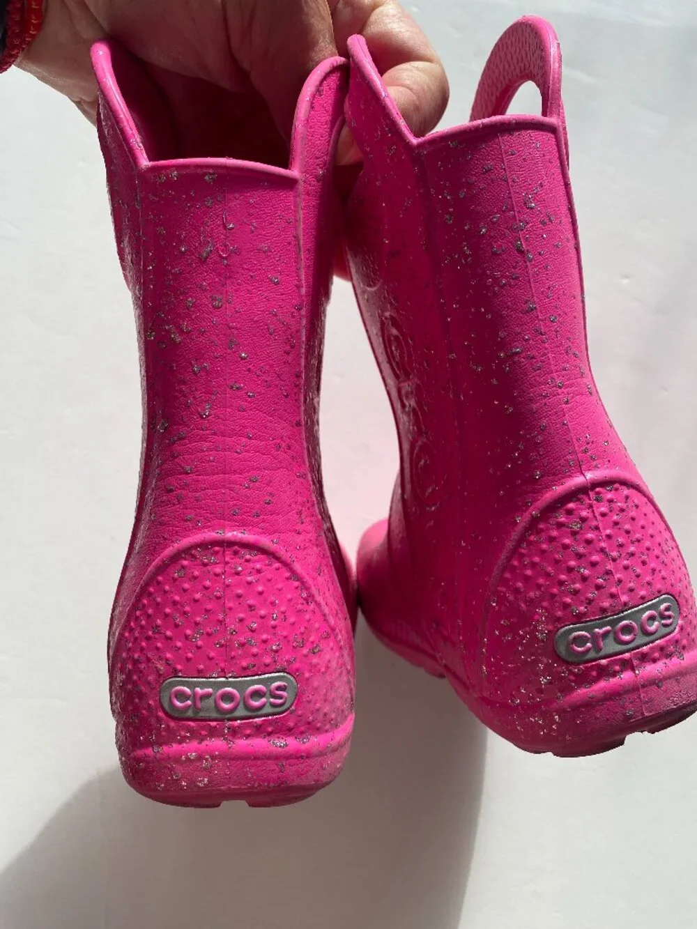 CROCS Handle It, pink and silver glitter rain boots, girl's size C 10, EUC